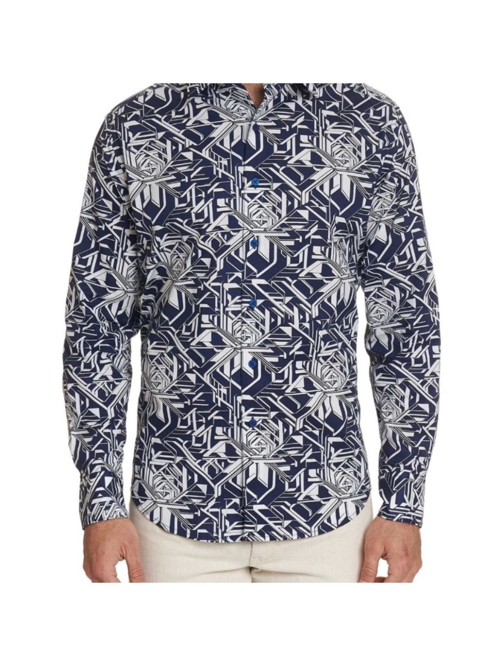 Robert Graham Wyland Classic Fit Shirt Blue White Geometric & Contrasting Cuffs